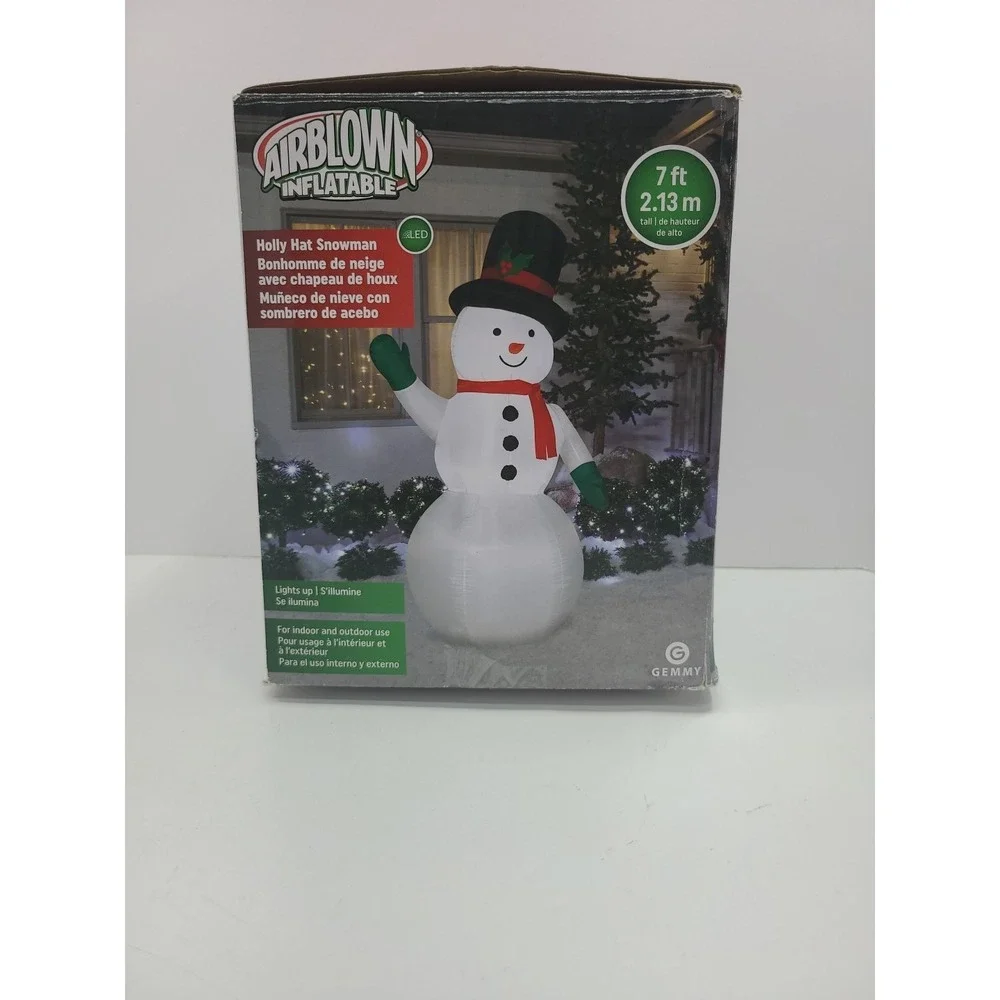 7 Ft Holly Hat‎ Snowman LED Lighted Gemmy Airblown Inflatable